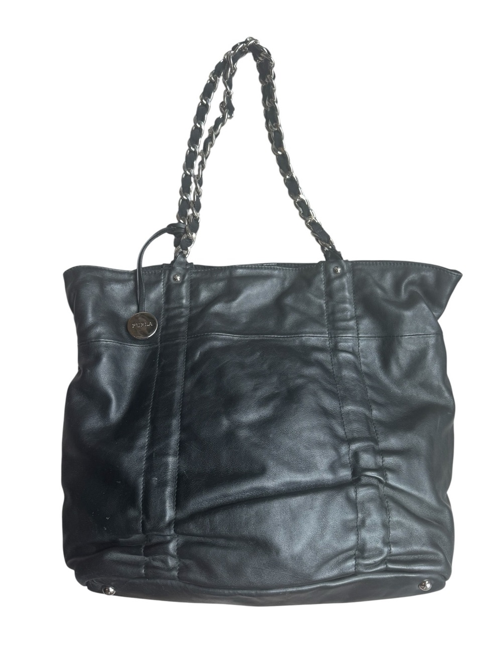 Furla Chain Strap Black Leather Tote Bag With Charm